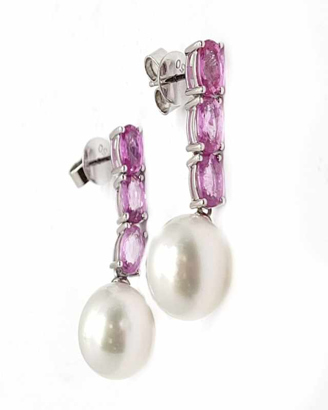 18K White Gold Pink Sapphire and South Sea Pearl Earrings